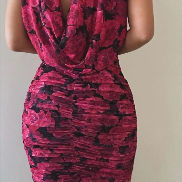JLUXLABEL Pink and Black Floral Midi Dress. Vibrant Beautiful and Sexy - Picture 2 of 3